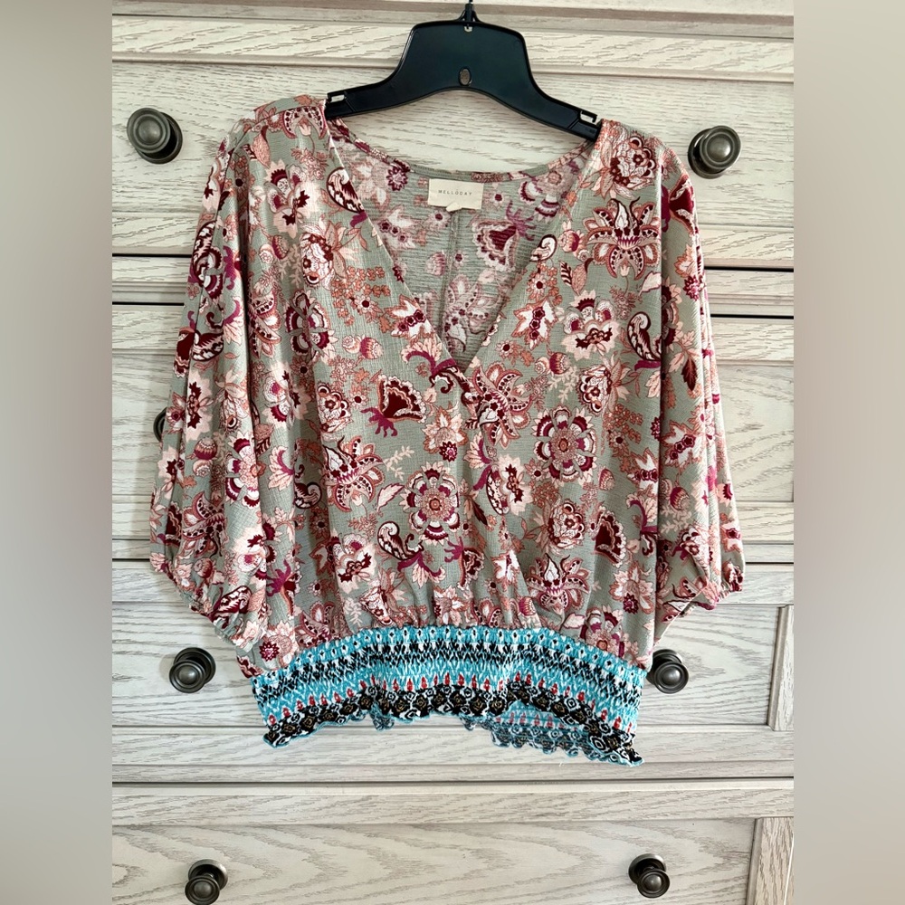 MELLODAY V-Neck Multicolor Floral Paisley Blouse  Peasant Top